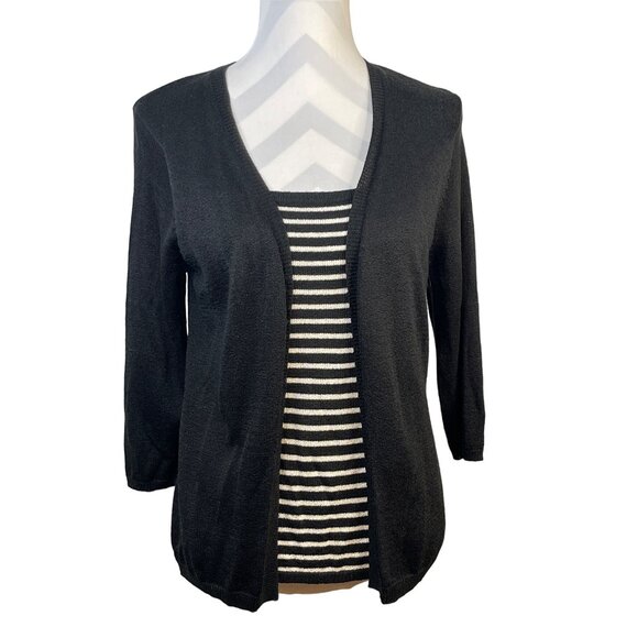 Sag Harbor Faux Sweater Set Size Medium Petite Black White Stripe - Picture 1 of 6